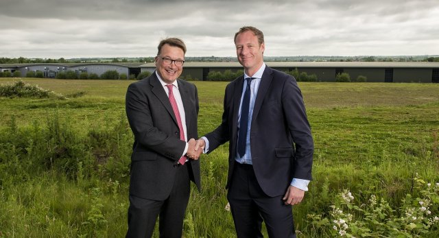 DEAL . . . Paul Bagshaw, left, of Rotherhill, pictured with Custodian Capital’s Ben Aspell on the site at Rothley Lodge.